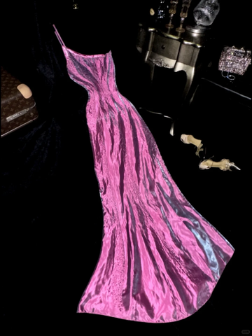 Vintage Mermaid One Shoulder Beaded Pink Satin Long Prom Dress Evening Dress HZ1023